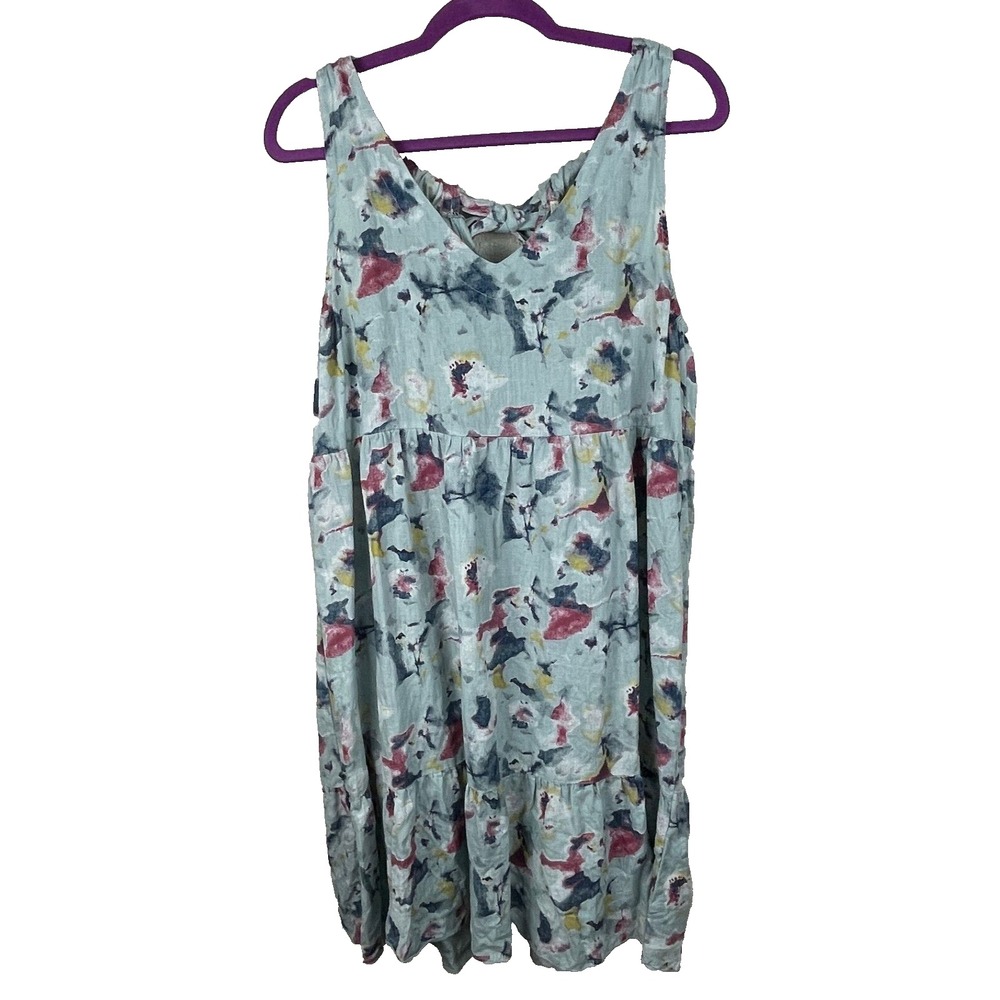 Bellambra Linen Dress Medium Blue Watercolor Abstract Shift Halter Sleeveless